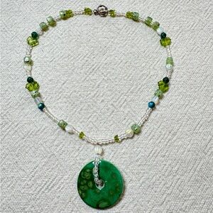 Sea Sediment Green Glass Beaded Circle Donut Pendant Necklace